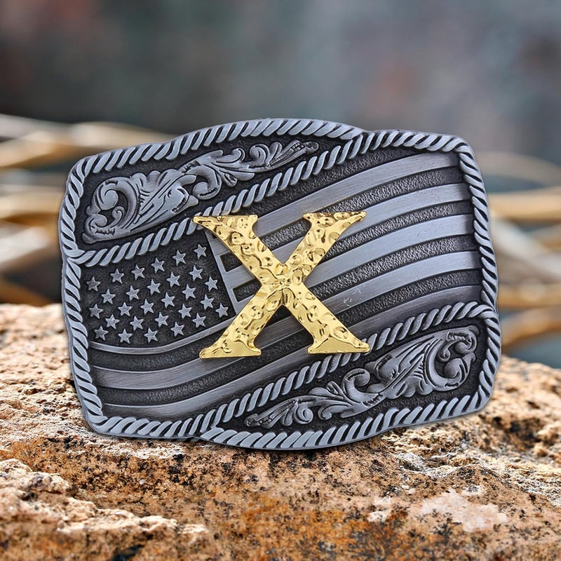 Fibbadet Store Western Cowboy Initial Letters A-Z American Flag Belt Buckle for Men Fathers Day Boyfriend Husband - Image 2